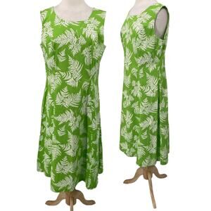 Vintage 70s Tank Dress Cotton Leafy Floral Patterned Midi NEW Green White 14